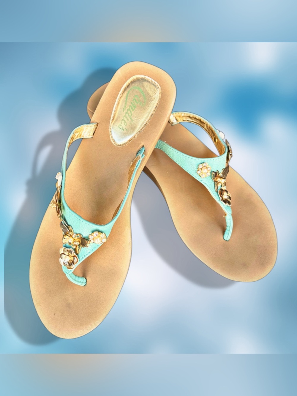 Embellished Aqua-toned Thong Sandals
